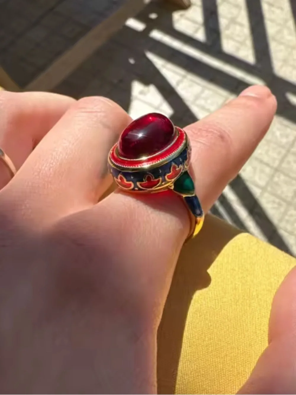 Vintage adjustable Gold-Tone Red Cabochon Multicolor Enamel Statement Ring